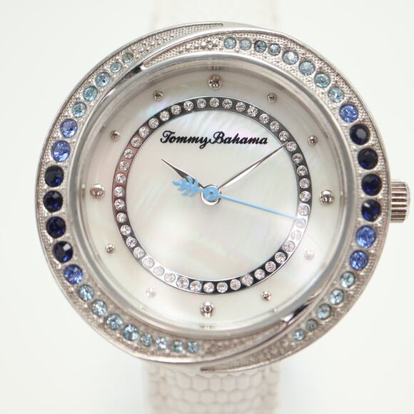 Tommy Bahama Silver Tone Blue Gem Set 35mm MOP Womens Watch Leather New Battery main image 12